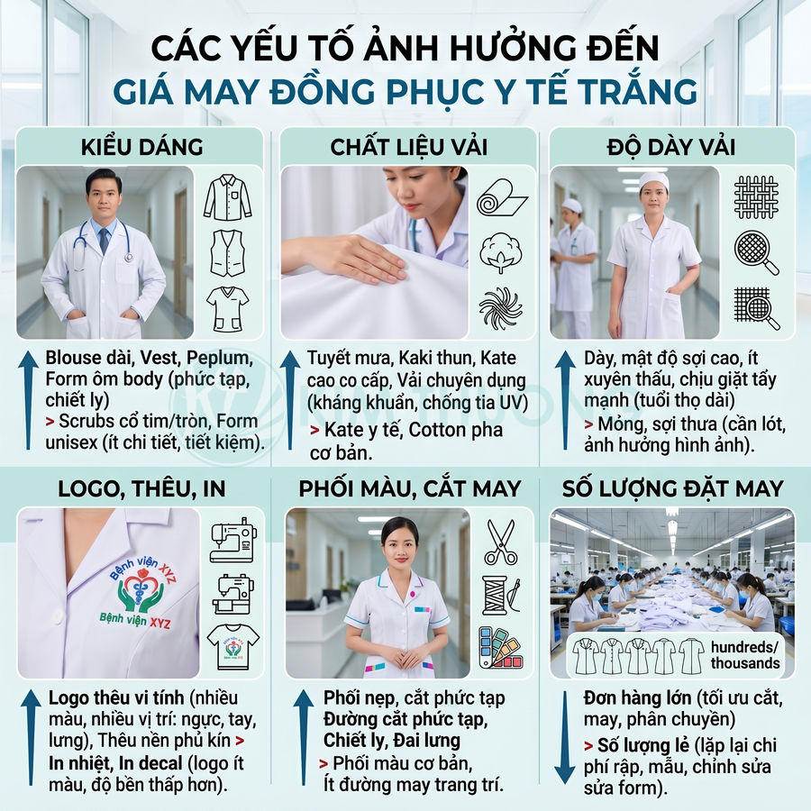 Các yếu tố ảnh hưởng đến giá may đồng phục y tế trắng với mẫu áo blouse và điều dưỡng minh họa