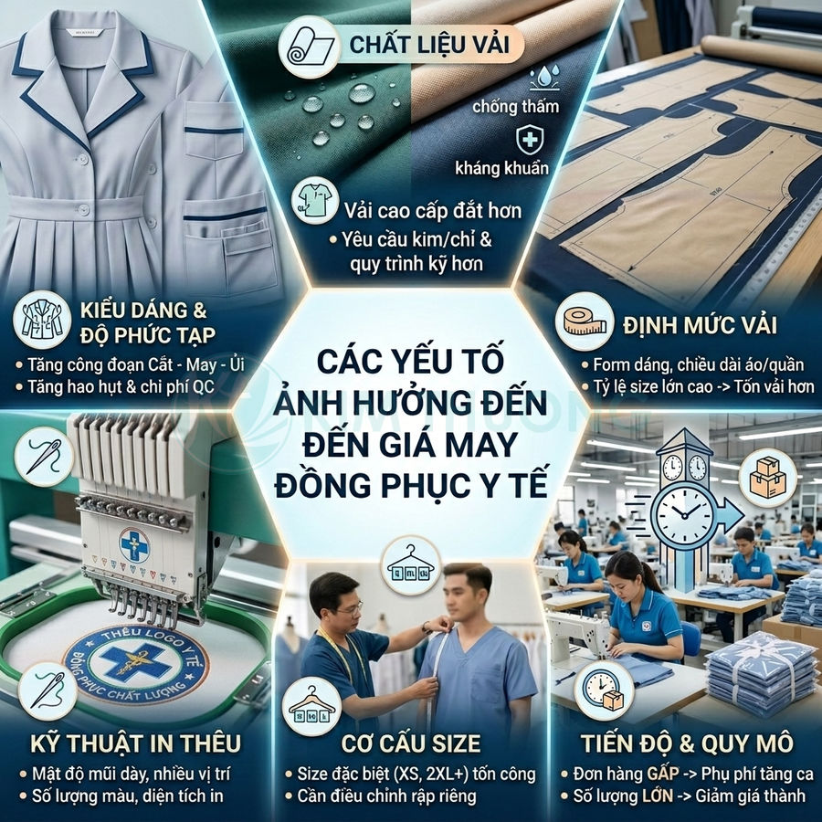 Các yếu tố ảnh hưởng đến giá may đồng phục y tế như chất liệu vải, kiểu dáng, thêu, size và quy mô sản xuất