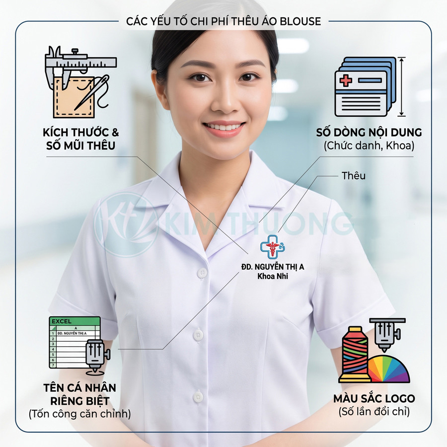 Nữ y tá mặc áo blouse trắng thêu logo bệnh viện và tên khoa nhi, minh họa các yếu tố chi phí thêu áo blouse