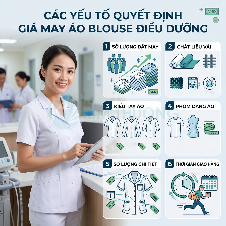 Nữ điều dưỡng mặc áo blouse trắng đứng trong bệnh viện bên cạnh infographic các yếu tố quyết định giá may áo