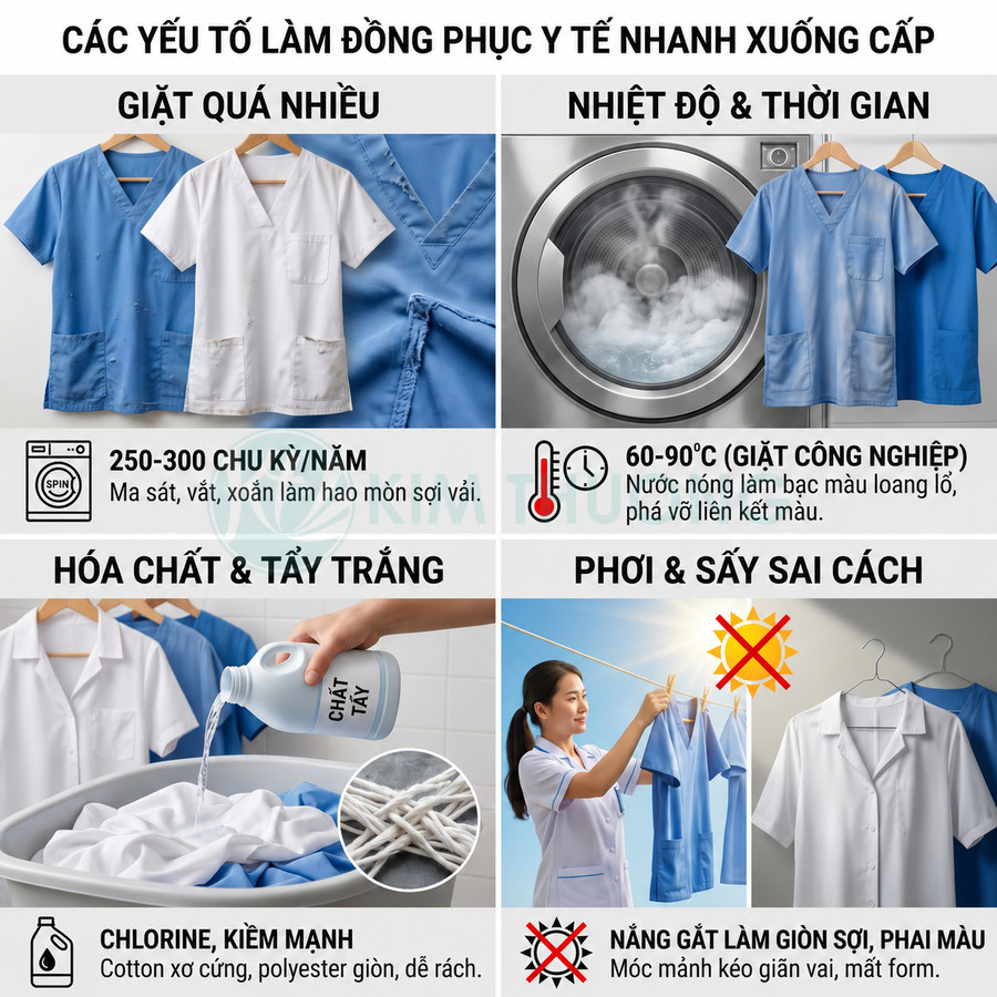 Các yếu tố làm đồng phục y tế nhanh xuống cấp như giặt nhiều, nước nóng, hóa chất tẩy và phơi sấy sai cách
