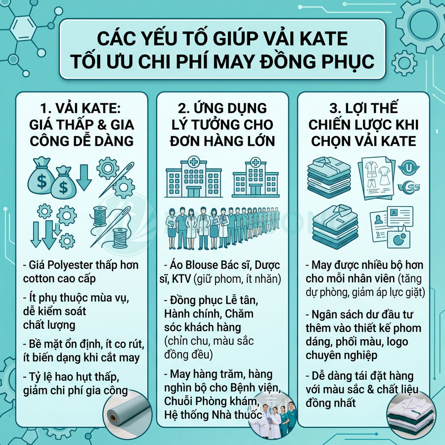 Infographic giới thiệu ưu điểm vải kate giúp tối ưu chi phí may đồng phục bệnh viện và doanh nghiệp
