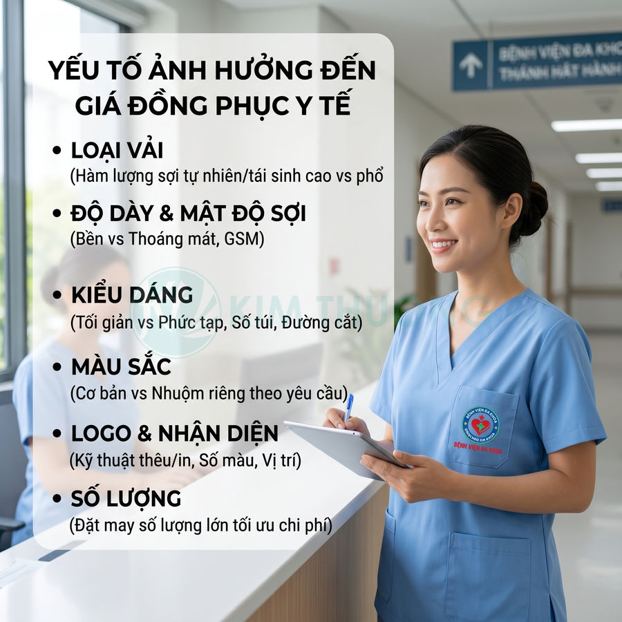 Nữ y tá mặc đồng phục y tế màu xanh dương cầm bảng ghi chú trong bệnh viện, cạnh bảng thông tin về giá đồng phục