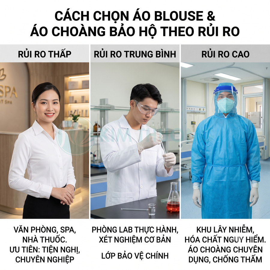 Các loại áo blouse và áo choàng bảo hộ y tế cho văn phòng spa, phòng lab và khu lây nhiễm rủi ro cao