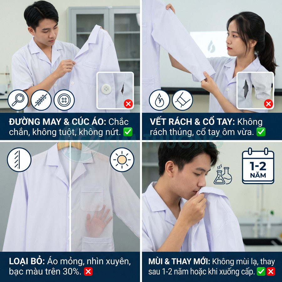 Các tiêu chí kiểm tra áo blouse trắng gồm đường may, cúc áo, vết rách, độ dày vải, màu sắc và mùi hương