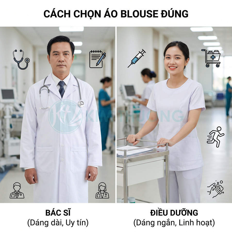 Áo blouse bác sĩ dáng dài và đồng phục điều dưỡng dáng ngắn màu trắng trong bệnh viện