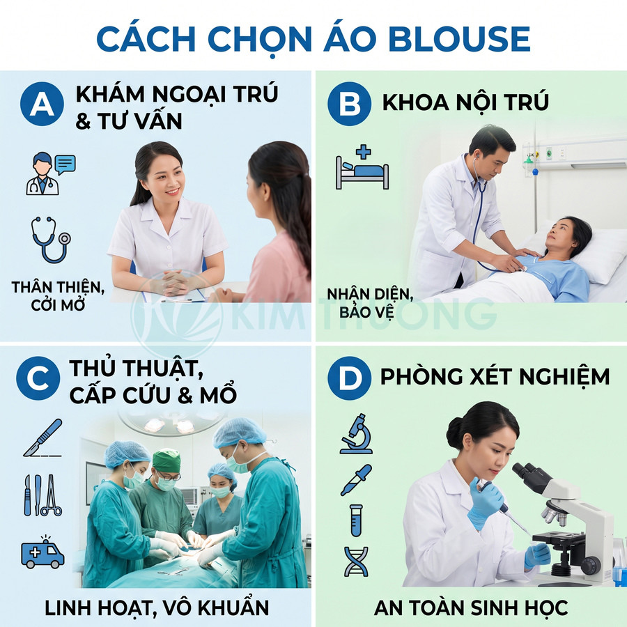 Hướng dẫn chọn áo blouse cho bác sĩ khám tư vấn, nội trú, phẫu thuật và kỹ thuật viên phòng xét nghiệm