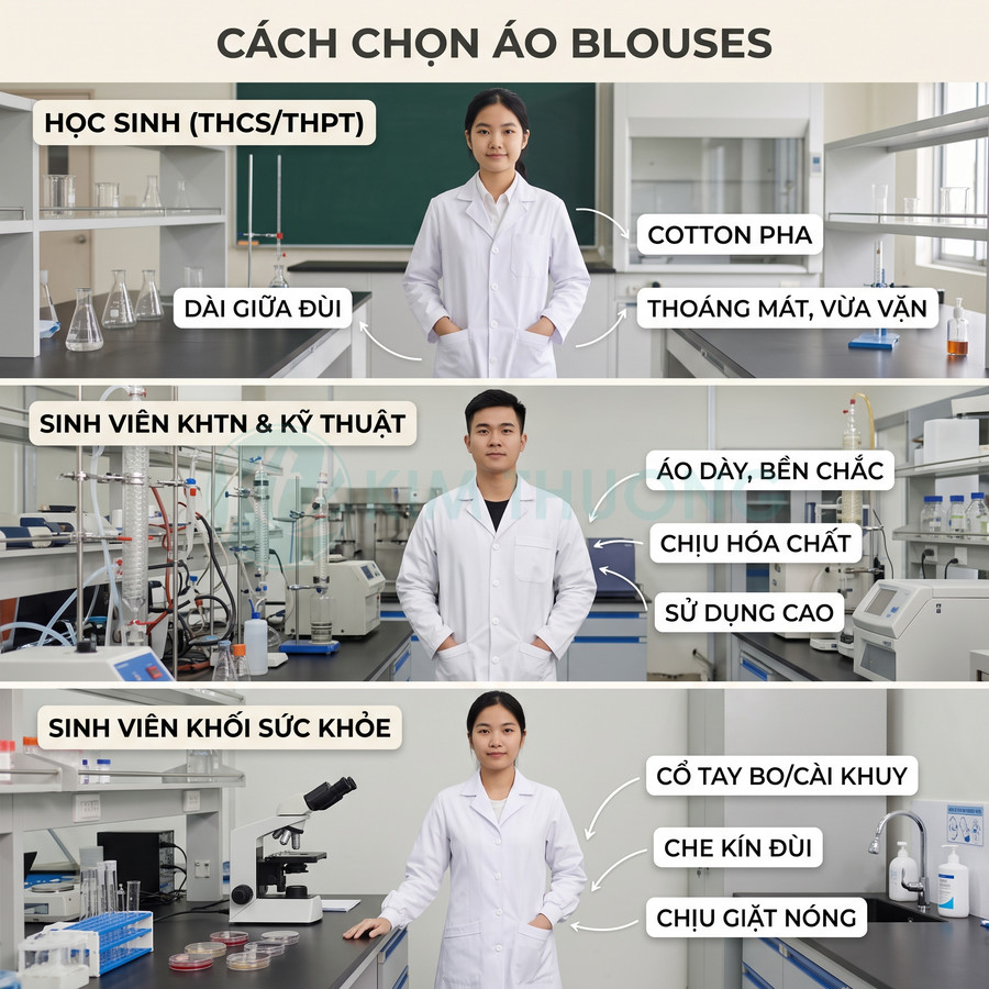 Hướng dẫn chọn áo blouse phòng thí nghiệm cho học sinh sinh viên với các kiểu dáng và chất liệu khác nhau