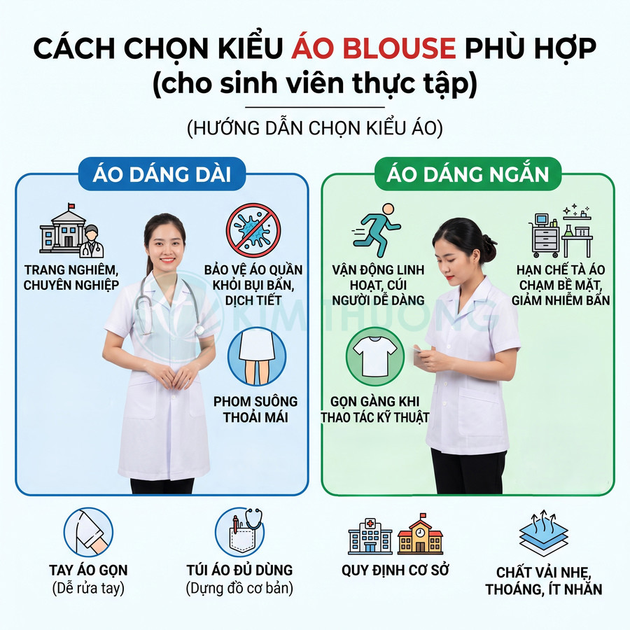 So sánh áo blouse dáng dài và dáng ngắn cho sinh viên thực tập, hai nữ sinh mặc mẫu áo trắng