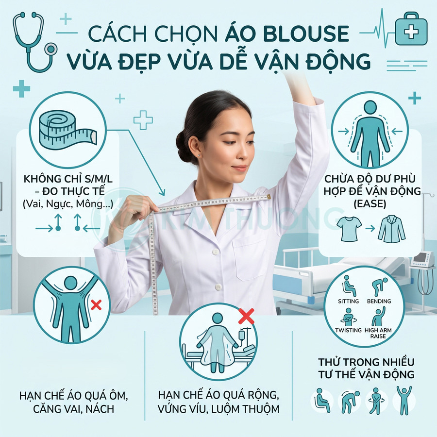 Nữ bác sĩ mặc áo blouse trắng đo số đo cơ thể để chọn áo blouse vừa vặn và dễ vận động