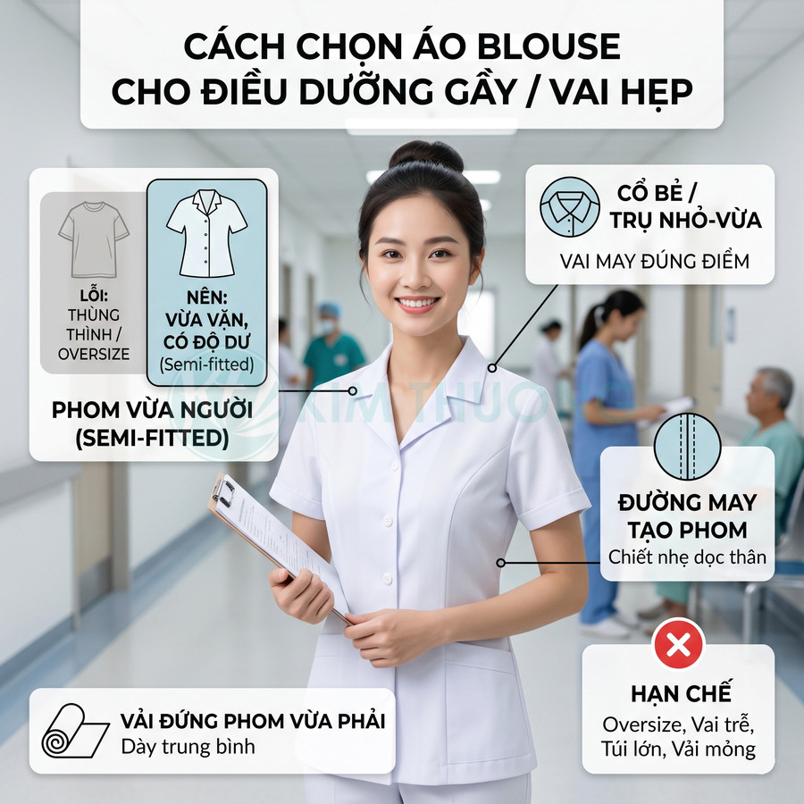 Nữ điều dưỡng mặc áo blouse trắng phom vừa người cổ bẻ nhỏ tay ngắn trong bệnh viện