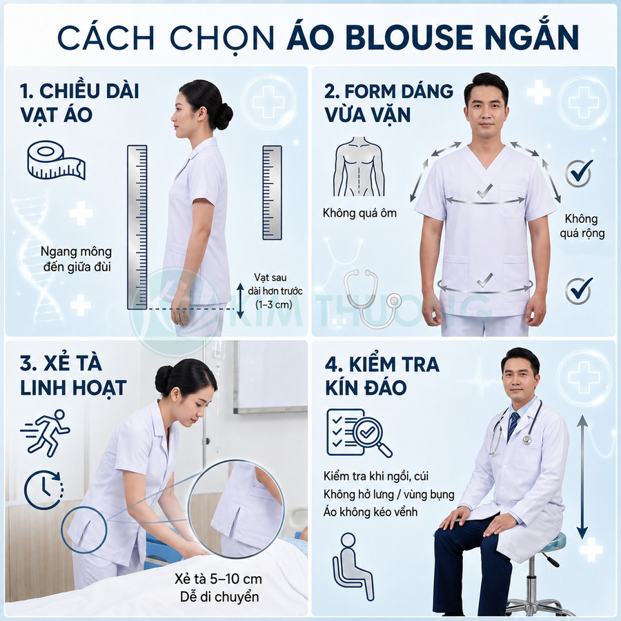 Hướng dẫn chọn áo blouse ngắn cho bác sĩ, điều dưỡng với mẫu áo trắng form vừa vặn, xẻ tà linh hoạt, kín đáo khi làm việc