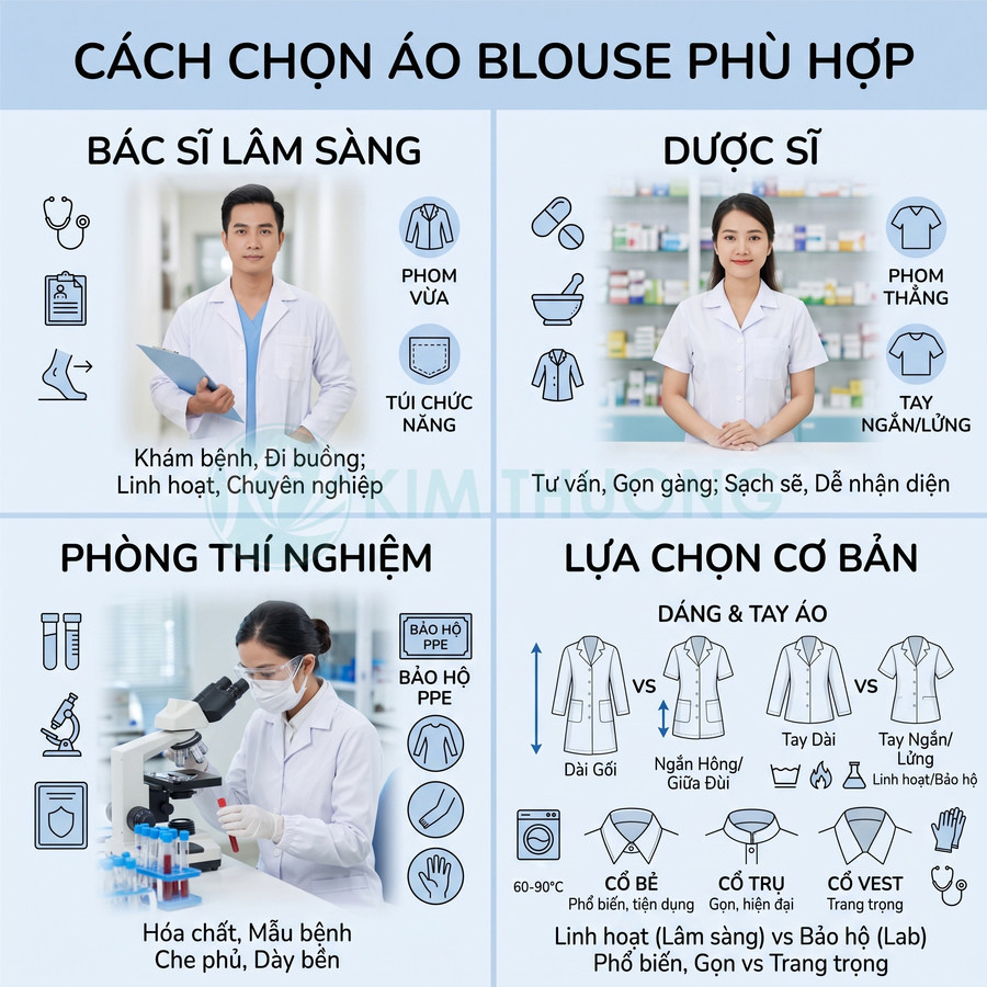 Hướng dẫn chọn áo blouse cho bác sĩ, dược sĩ và phòng thí nghiệm với các kiểu dáng, tay áo và cổ áo khác nhau