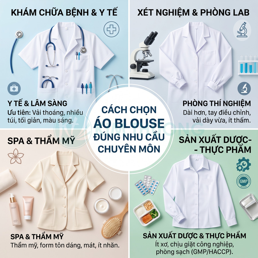 Các mẫu áo blouse y tế, phòng lab, spa và sản xuất dược thực phẩm cho từng nhu cầu chuyên môn