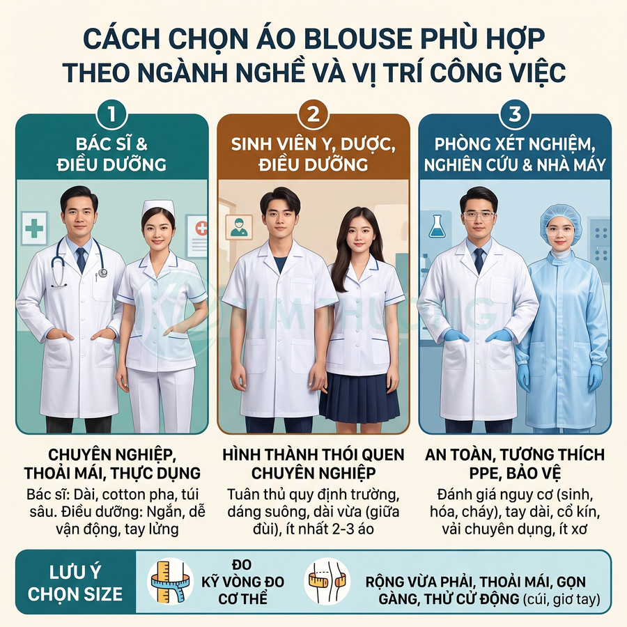 Hướng dẫn chọn áo blouse y tế cho bác sĩ, điều dưỡng, sinh viên và nhân viên phòng thí nghiệm