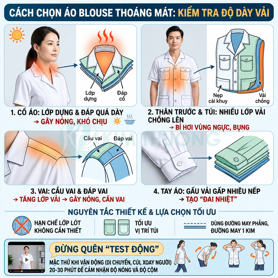 Hướng dẫn chọn áo blouse y tế thoáng mát với các vị trí vải dày dễ gây nóng và nguyên tắc thiết kế tối ưu