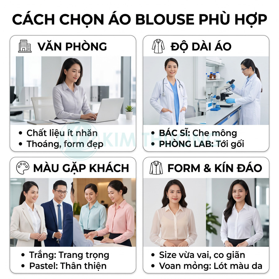 Hướng dẫn chọn áo blouse công sở và blouse bác sĩ, mẫu dài tay kín đáo, màu trắng và pastel trang nhã