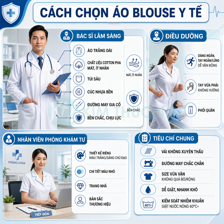 Hướng dẫn chọn áo blouse y tế cho bác sĩ, điều dưỡng, nhân viên phòng khám với tiêu chí chất liệu và thiết kế