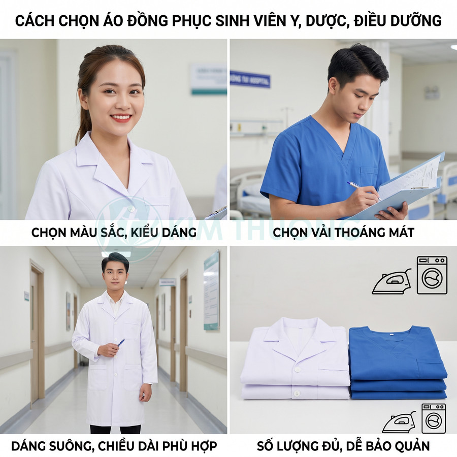 Đồng phục sinh viên y dược điều dưỡng với áo blouse trắng và bộ scrub xanh chất liệu thoáng mát, dễ bảo quản