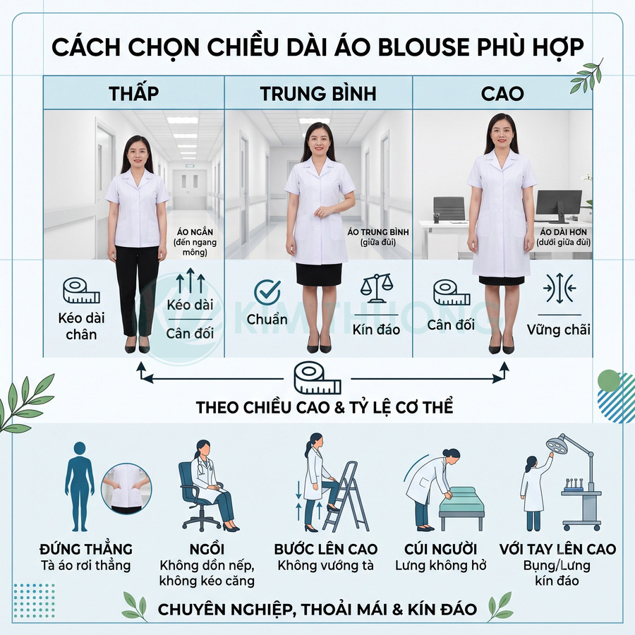 Hướng dẫn chọn chiều dài áo blouse y tế phù hợp theo chiều cao và tỷ lệ cơ thể, đảm bảo kín đáo và thoải mái