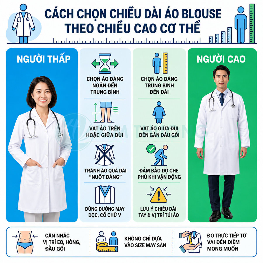 Hướng dẫn chọn chiều dài áo blouse cho người thấp và người cao với hình minh họa bác sĩ nam nữ