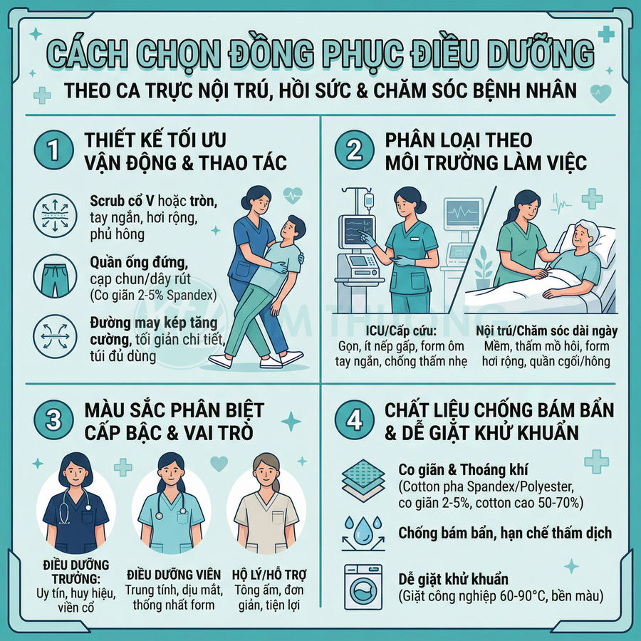 Infographic hướng dẫn cách chọn đồng phục điều dưỡng theo ca trực, màu sắc, chất liệu và môi trường làm việc