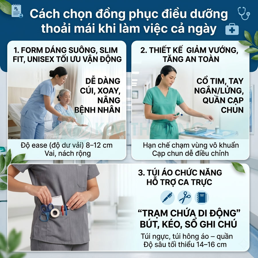 Đồng phục điều dưỡng unisex form suông slim fit, cổ tim tay ngắn, quần cạp chun và túi áo tiện dụng khi làm việc ca dài