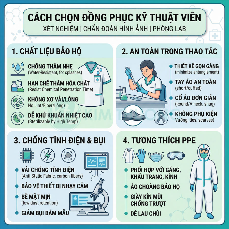 Hướng dẫn chọn đồng phục kỹ thuật viên phòng lab với áo blouse, găng tay, khẩu trang và đồ bảo hộ PPE