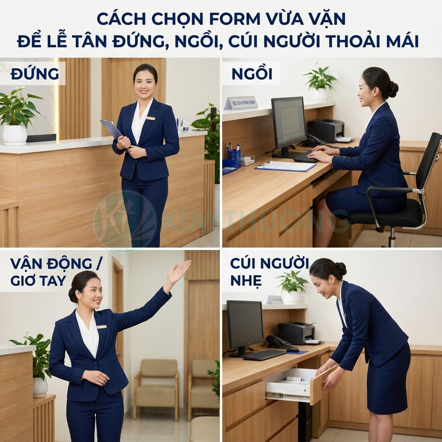 Nhân viên lễ tân nữ mặc đồng phục vest xanh đứng ngồi làm việc tại quầy lễ tân văn phòng