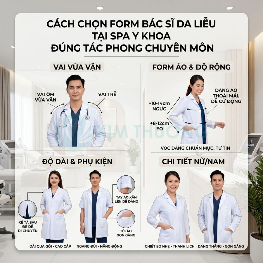 Áo blouse bác sĩ da liễu cho spa và y khoa, form chuẩn chuyên nghiệp cho nam nữ, dáng dài qua gối, tay xắn tiện lợi