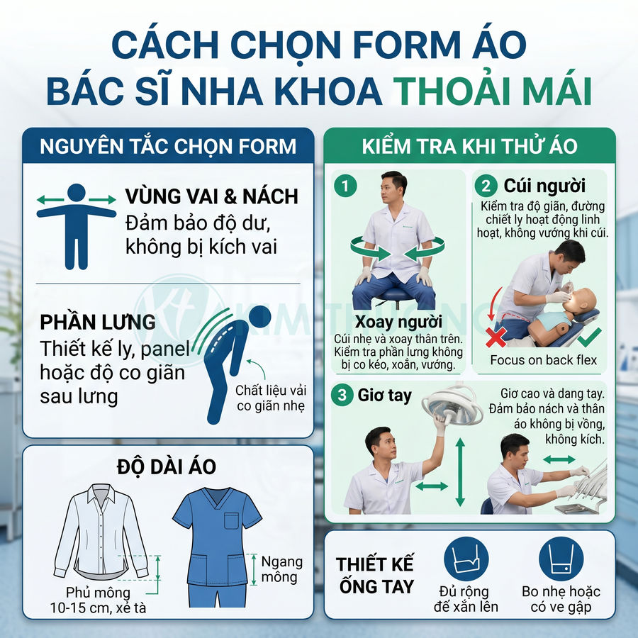 Hướng dẫn chọn form áo bác sĩ nha khoa thoải mái với hình minh họa vùng vai nách lưng tay và độ dài áo