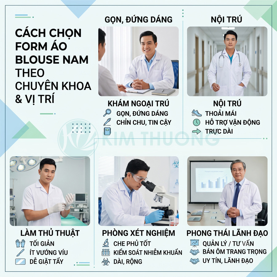 Các mẫu áo blouse nam trắng cho bác sĩ khám ngoại trú, nội trú, làm thủ thuật, xét nghiệm và lãnh đạo trong bệnh viện