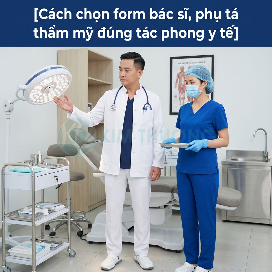 Đồng phục bác sĩ áo blouse trắng và phụ tá y tá đồ scrubs xanh trong phòng khám hiện đại