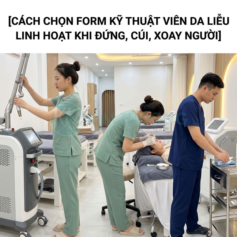 Đồng phục kỹ thuật viên spa màu xanh và xanh navy trong phòng điều trị da liễu hiện đại
