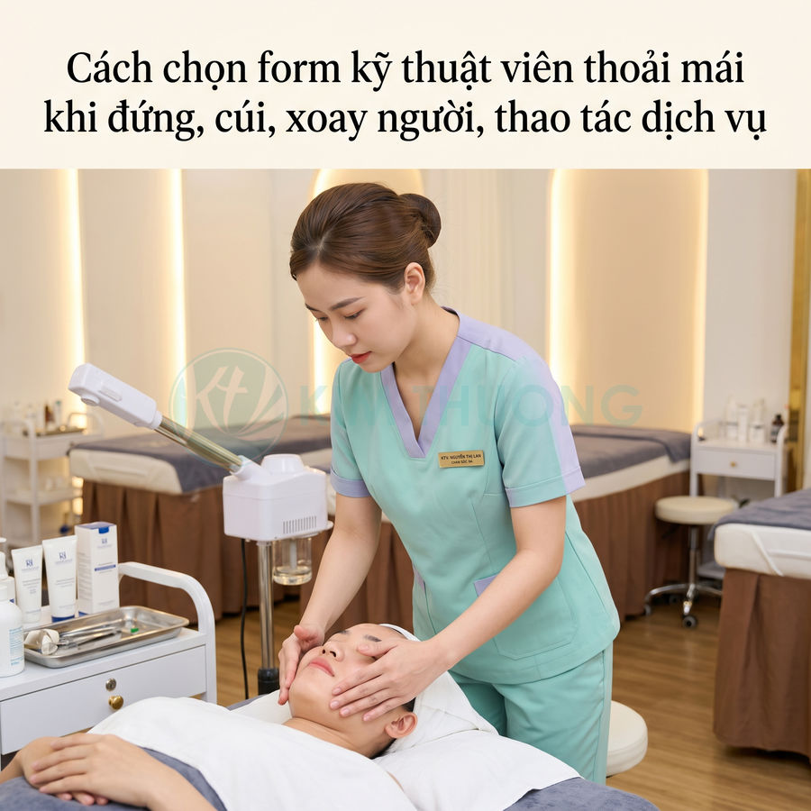 Đồng phục kỹ thuật viên spa màu xanh mint đang chăm sóc da mặt cho khách nằm trên giường spa