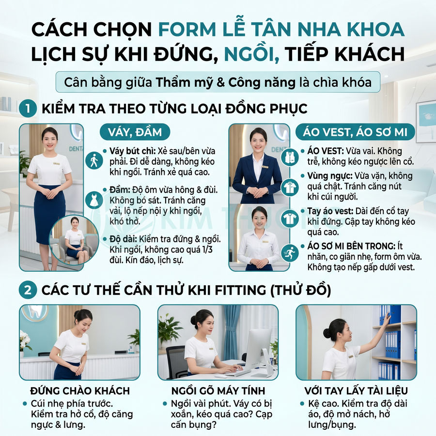 Hướng dẫn chọn đồng phục lễ tân nha khoa và tư thế đứng ngồi tiếp khách chuyên nghiệp