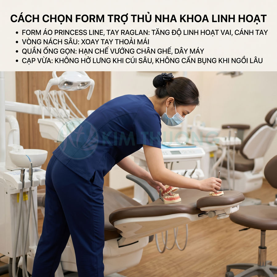 Đồng phục trợ thủ nha khoa màu xanh navy, form ôm vừa vặn, linh hoạt khi cúi người sắp xếp dụng cụ trên ghế nha khoa