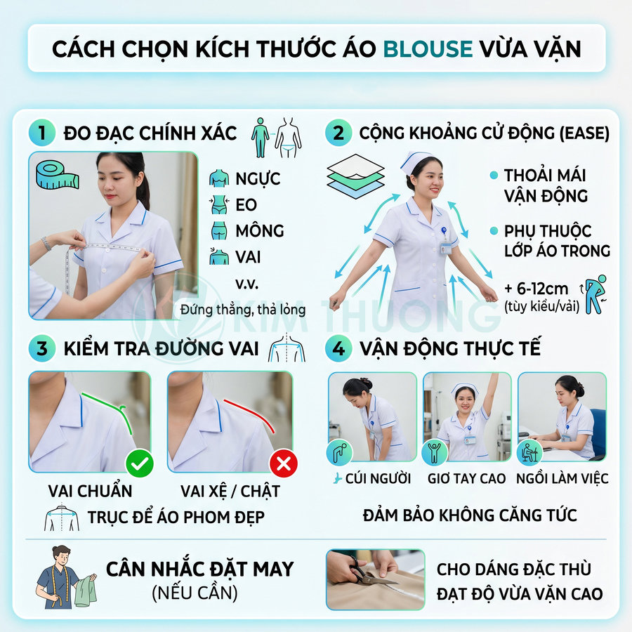 Hướng dẫn chọn kích thước áo blouse y tá vừa vặn với các bước đo, thử vai và kiểm tra vận động