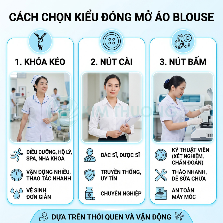 Hướng dẫn chọn kiểu đóng mở áo blouse khóa kéo nút cài nút bấm cho điều dưỡng bác sĩ kỹ thuật viên