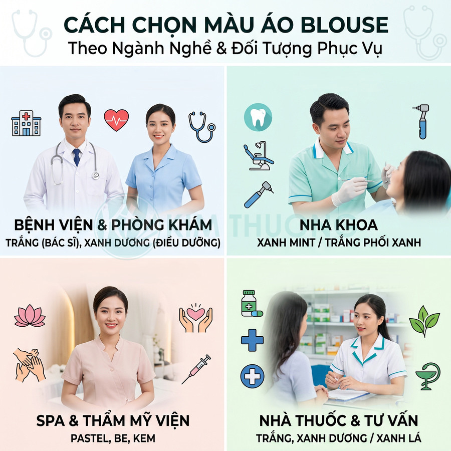 Hướng dẫn chọn màu áo blouse cho bác sĩ, điều dưỡng, nha sĩ, nhân viên spa, nhà thuốc theo từng ngành nghề