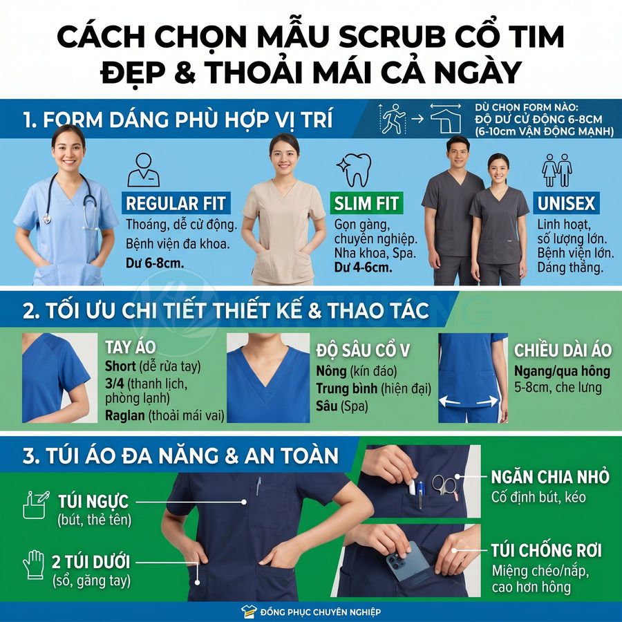 Hướng dẫn chọn đồng phục scrub cổ tim đẹp thoải mái với các kiểu dáng, độ sâu cổ và túi áo tiện dụng