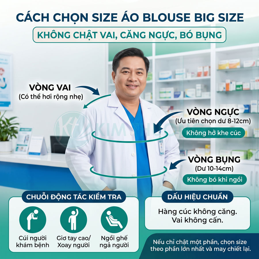 Bác sĩ nam mặc áo blouse big size màu trắng đứng trong phòng khám, minh họa cách chọn size áo rộng thoải mái