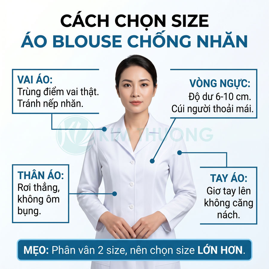 Hướng dẫn chọn size áo blouse chống nhăn cho nữ với các tiêu chí vai áo, thân áo, tay áo và vòng ngực