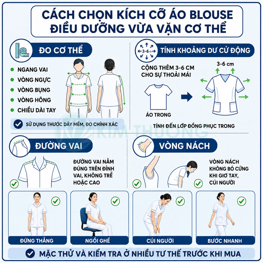 Hướng dẫn chọn size áo blouse điều dưỡng vừa vặn với cơ thể và thoải mái khi vận động
