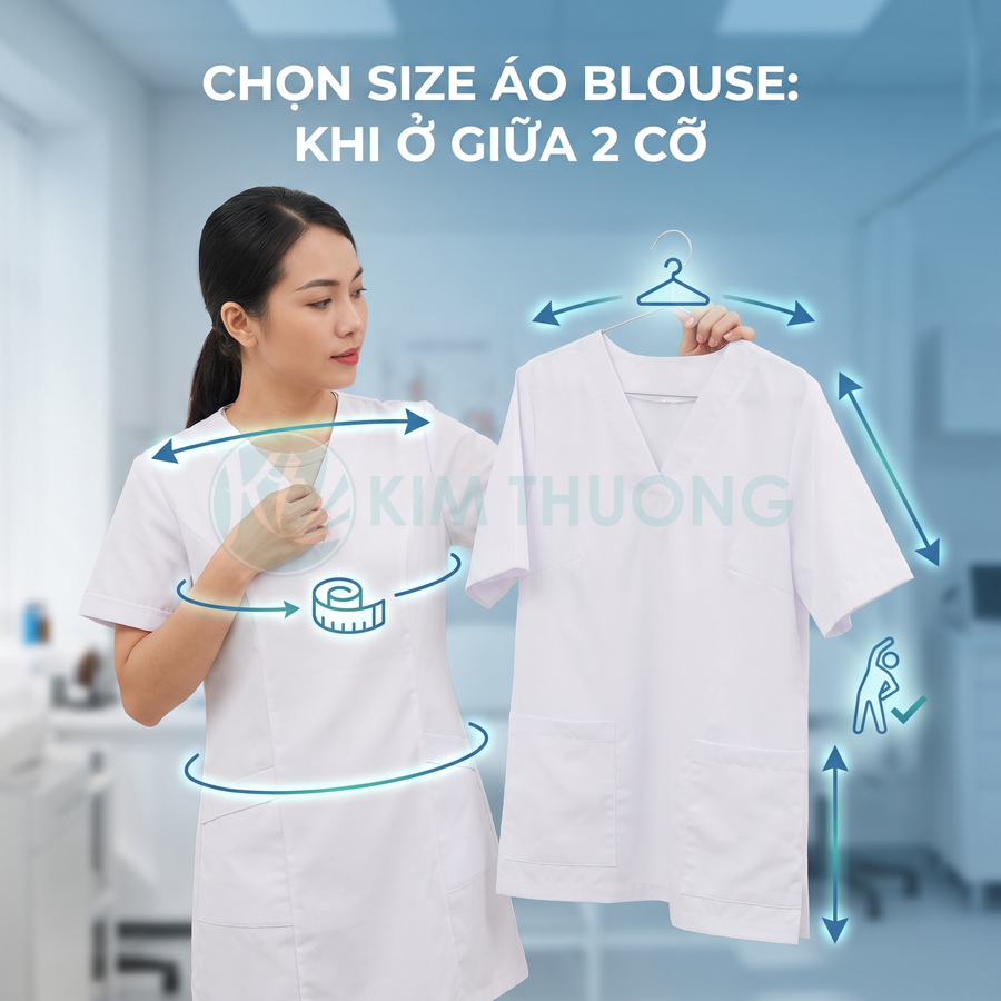 Áo blouse trắng tay ngắn có túi, người mẫu hướng dẫn đo số đo để chọn size phù hợp khi ở giữa hai cỡ