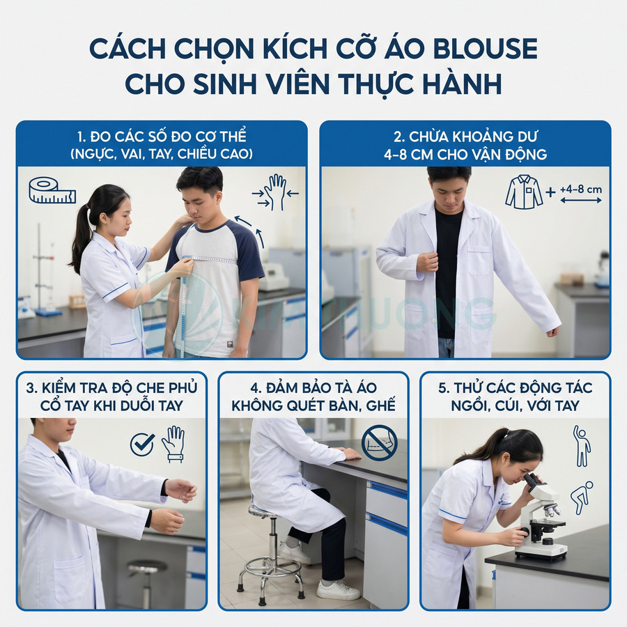 Hướng dẫn chọn kích cỡ áo blouse sinh viên thực hành, đo số đo và kiểm tra độ vừa vặn khi vận động