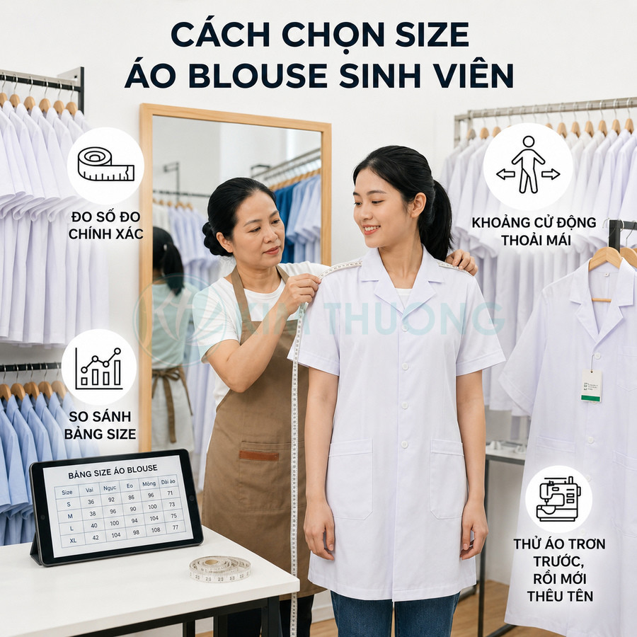 Nhân viên đo size áo blouse trắng cho sinh viên y khoa trong cửa hàng đồng phục