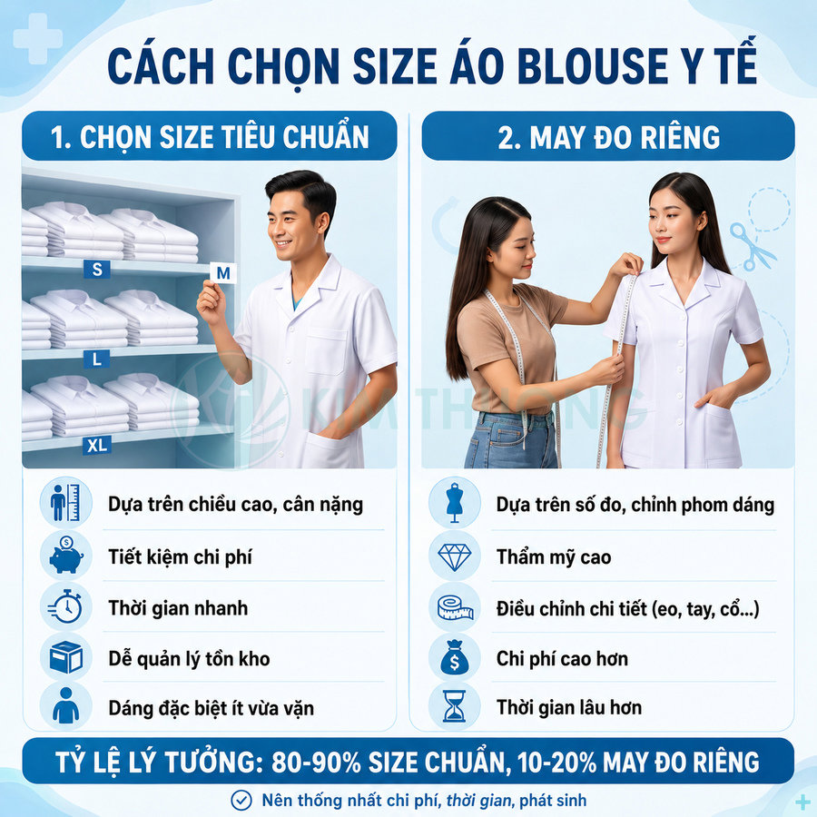 Hướng dẫn chọn size áo blouse y tế với mẫu áo trắng tiêu chuẩn và may đo riêng cho nhân viên y tế