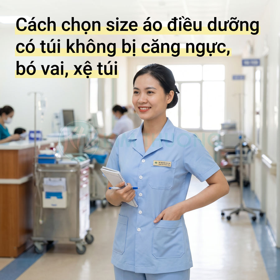 Nữ điều dưỡng mặc đồng phục y tá màu xanh nhạt có túi lớn đứng trong hành lang bệnh viện