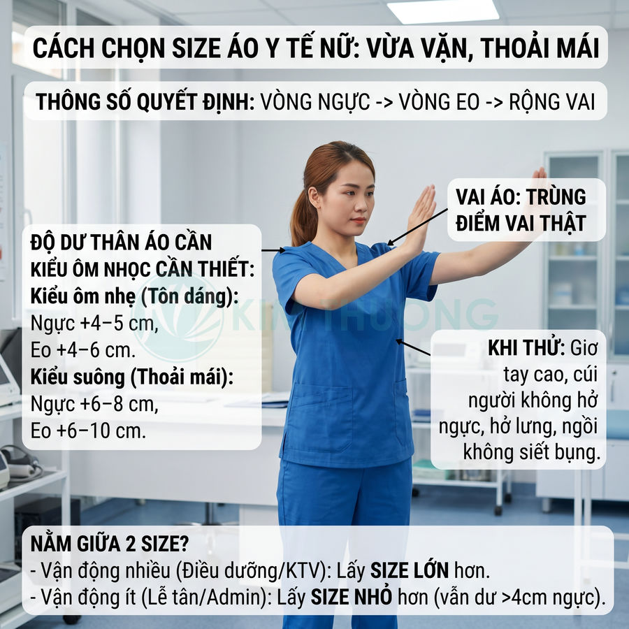 Nữ nhân viên y tế mặc bộ scrub xanh đứng trong phòng khám, minh họa cách chọn size áo y tế nữ vừa vặn